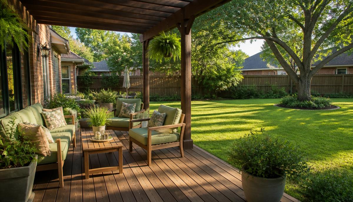 Shaded back patio sitting deck overlooking a large green backyard